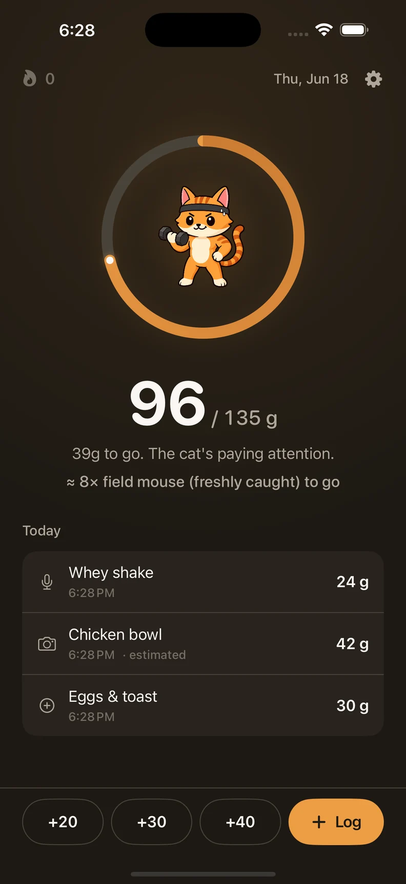 Buff Kitty app showing 96 of 135 grams of protein, 39 grams remaining, a gym cat, recent food logs and Quick Add buttons